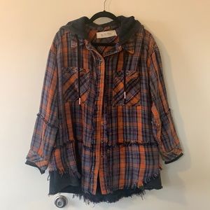 Free People Oversized Button Up Layered Flannel Sweatshirt Jacket